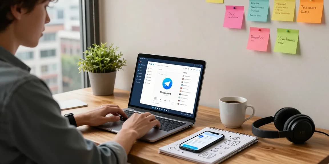 Engaged user showcasing Telegram Download on a laptop in a modern workspace.
