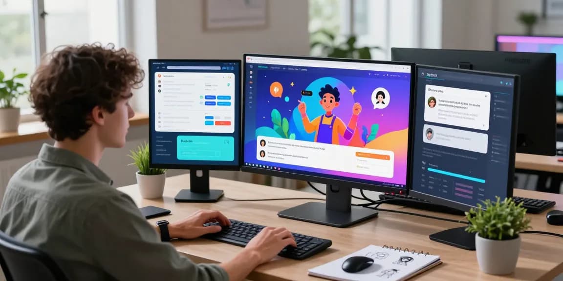 Dynamic workspace with user engaging with crushon ai chatbot, vibrant tech atmosphere.
