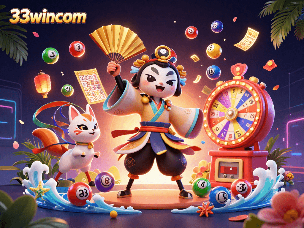 Experience the thrilling world of gaming with 33wincom through vibrant lottery balls and dynamic casino elements.