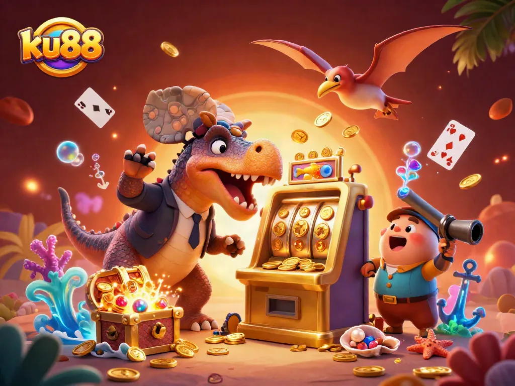ku88 jackpots await as a dinosaur hits the slot machine, capturing treasure in a vibrant casino.