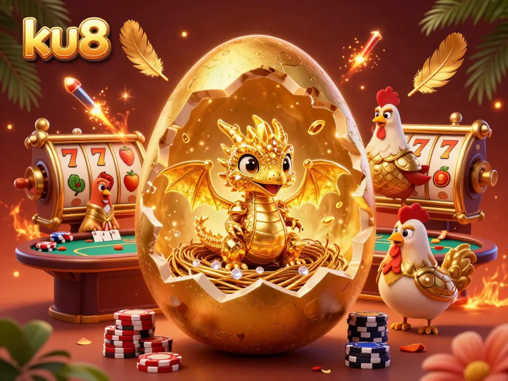 Experience the thrill of ku88 as a golden dragon emerges from a nest of poker chips amidst lively casino elements.