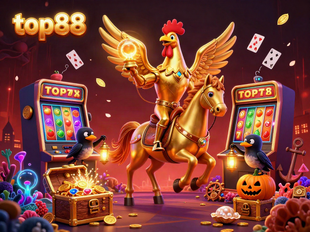Join the adventure at top88 with a golden rooster and vibrant slots in a mystical casino.