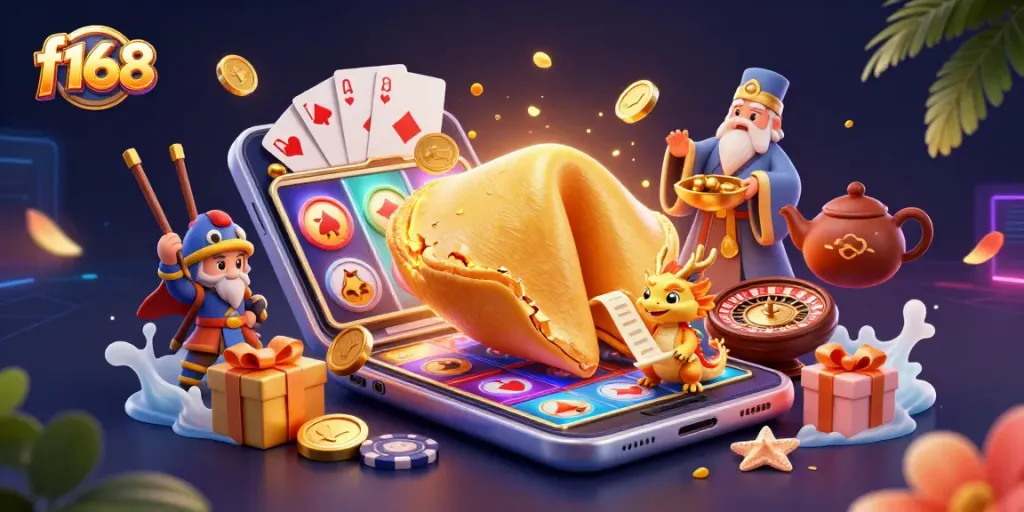 Play slots and win big with f168's vibrant casino scene featuring a golden fortune cookie.