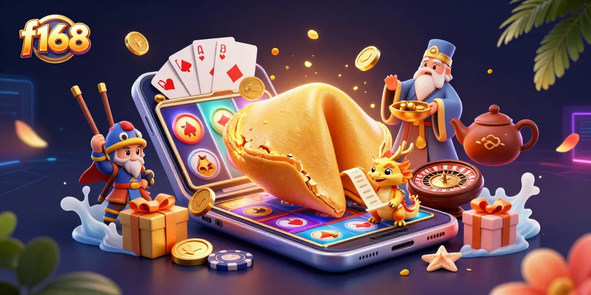 Play slots and win big with f168's vibrant casino scene featuring a golden fortune cookie.