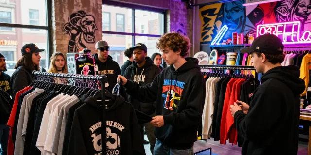Shopping for exclusive rokok88 slot merchandise in a vibrant urban setting, showcasing unique apparel and collectibles.