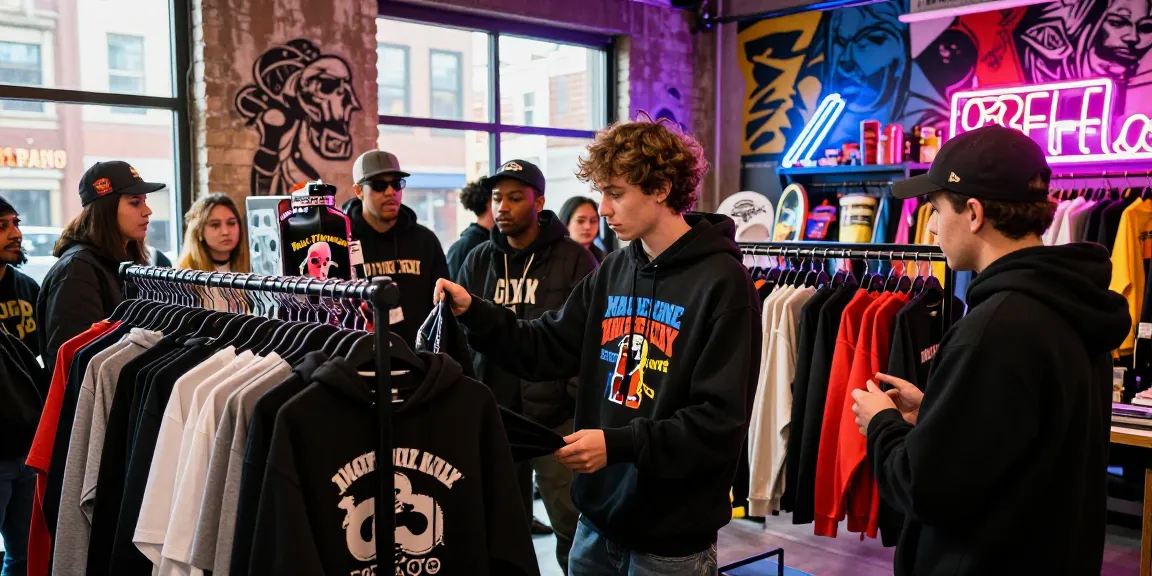 Shopping for exclusive rokok88 slot merchandise in a vibrant urban setting, showcasing unique apparel and collectibles.