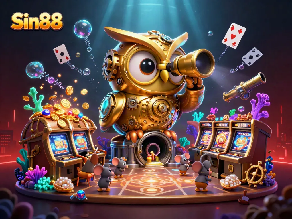 Experience thrilling gaming at Sin88, featuring a whimsical clockwork owl overseeing vibrant slot machines and treasure.