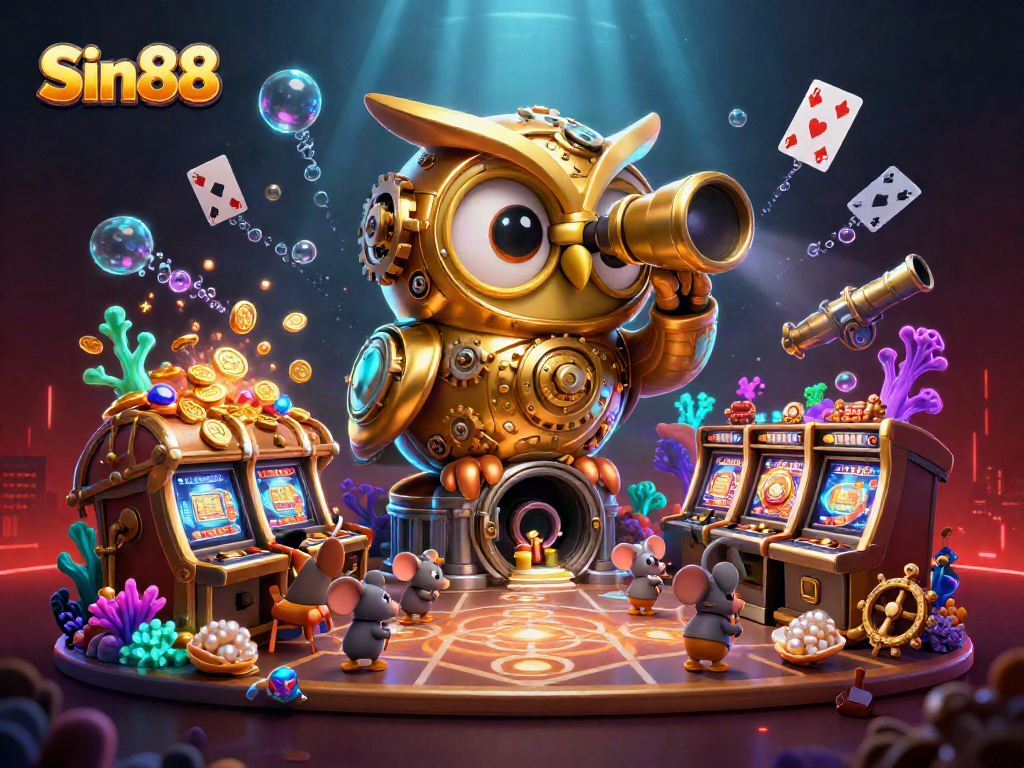 Experience thrilling gaming at Sin88, featuring a whimsical clockwork owl overseeing vibrant slot machines and treasure.