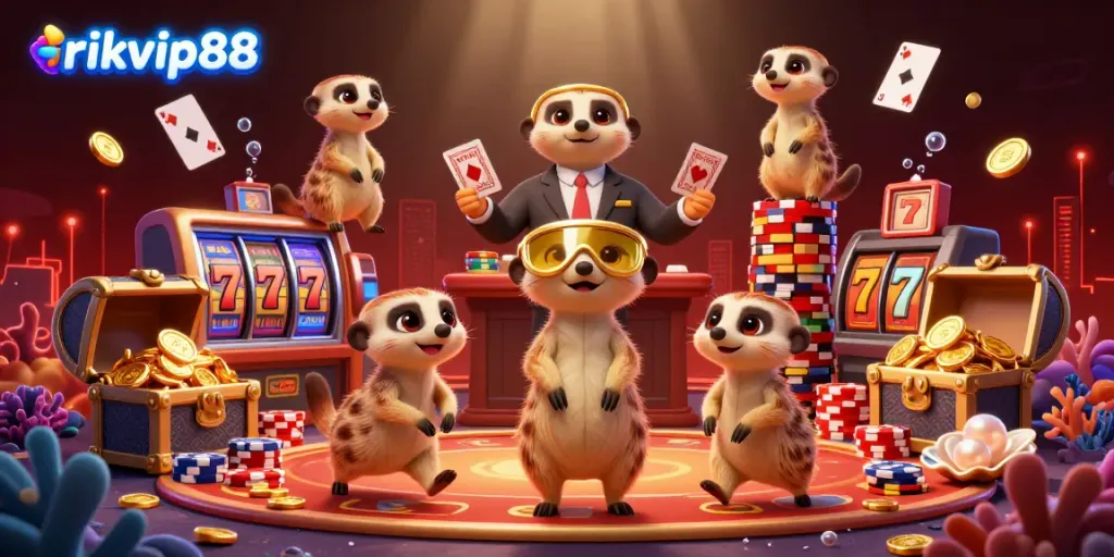 Experience rikvip88's vibrant casino scene with meerkats engaging in gaming action and packed with golden treasures.