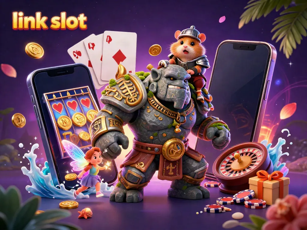 Engage with link slot gaming magic as a stone golem, fairy, and hamster knight come alive with vibrant casino elements.