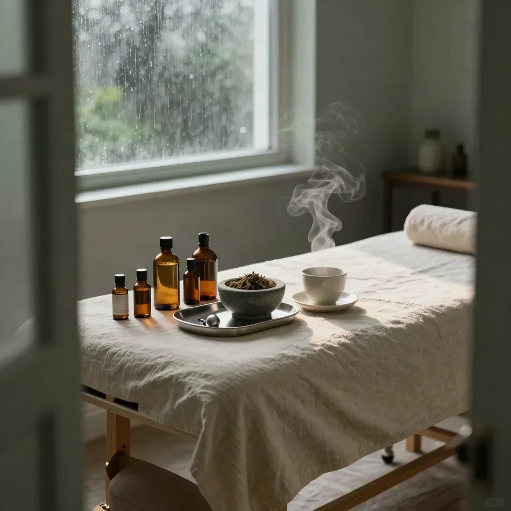 Holistic clinic treatment room with herbs, acupuncture tools, rain, steam, and linen bed.