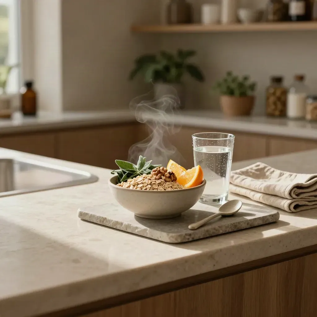 Oats, greens, citrus and water on a stone clinic counter in warm morning light