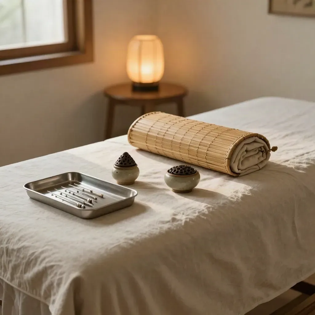 Serene acupuncture room with bed, blankets, bamboo pillow, tray, and moxa holder in warm window light.