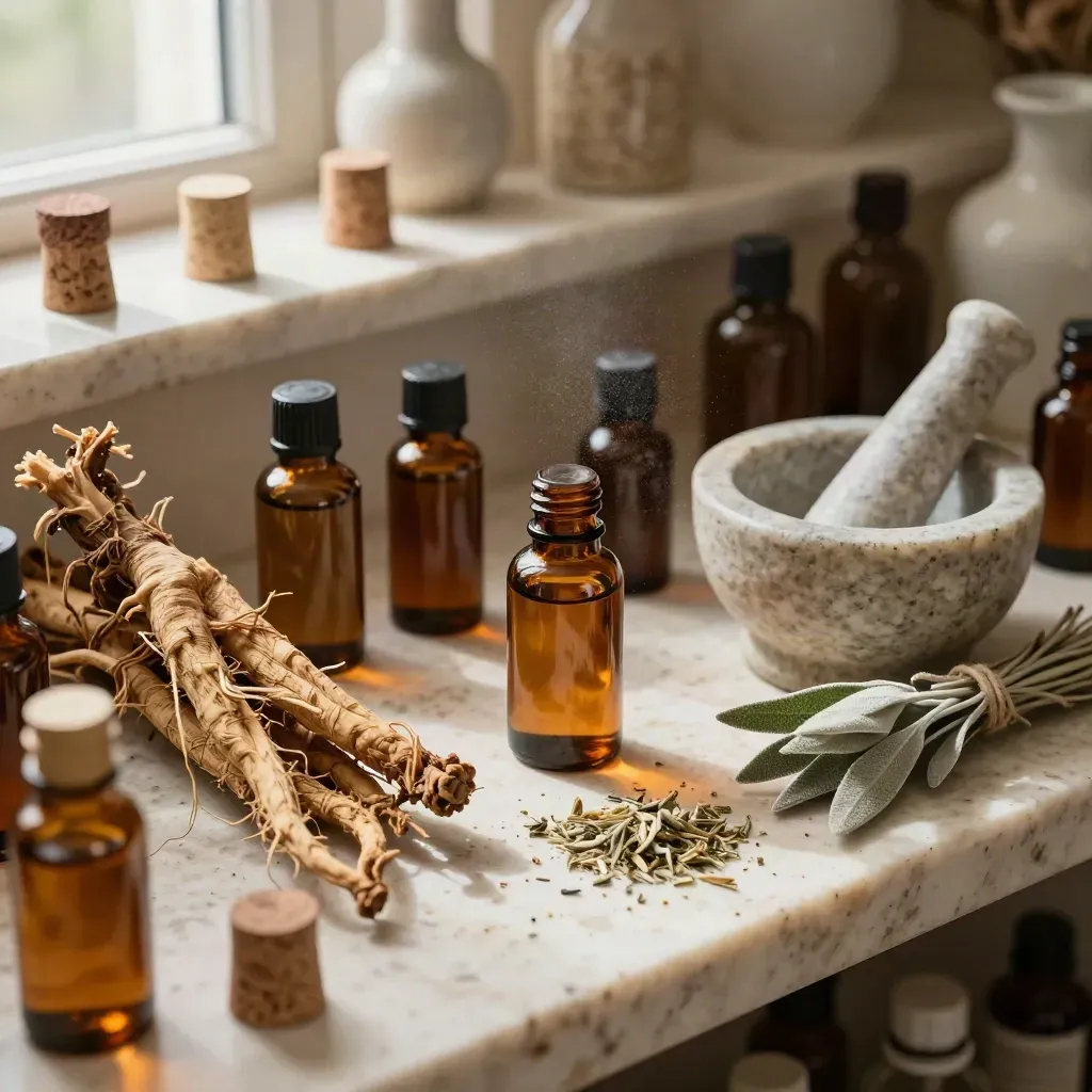Apothecary shelf with tincture bottles, roots, mortar and pestle, and dried herbs on plaster.