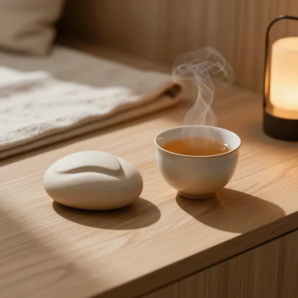 Steam rising from herbal tea beside a breathing stone and folded linen mat in a calm reset nook.