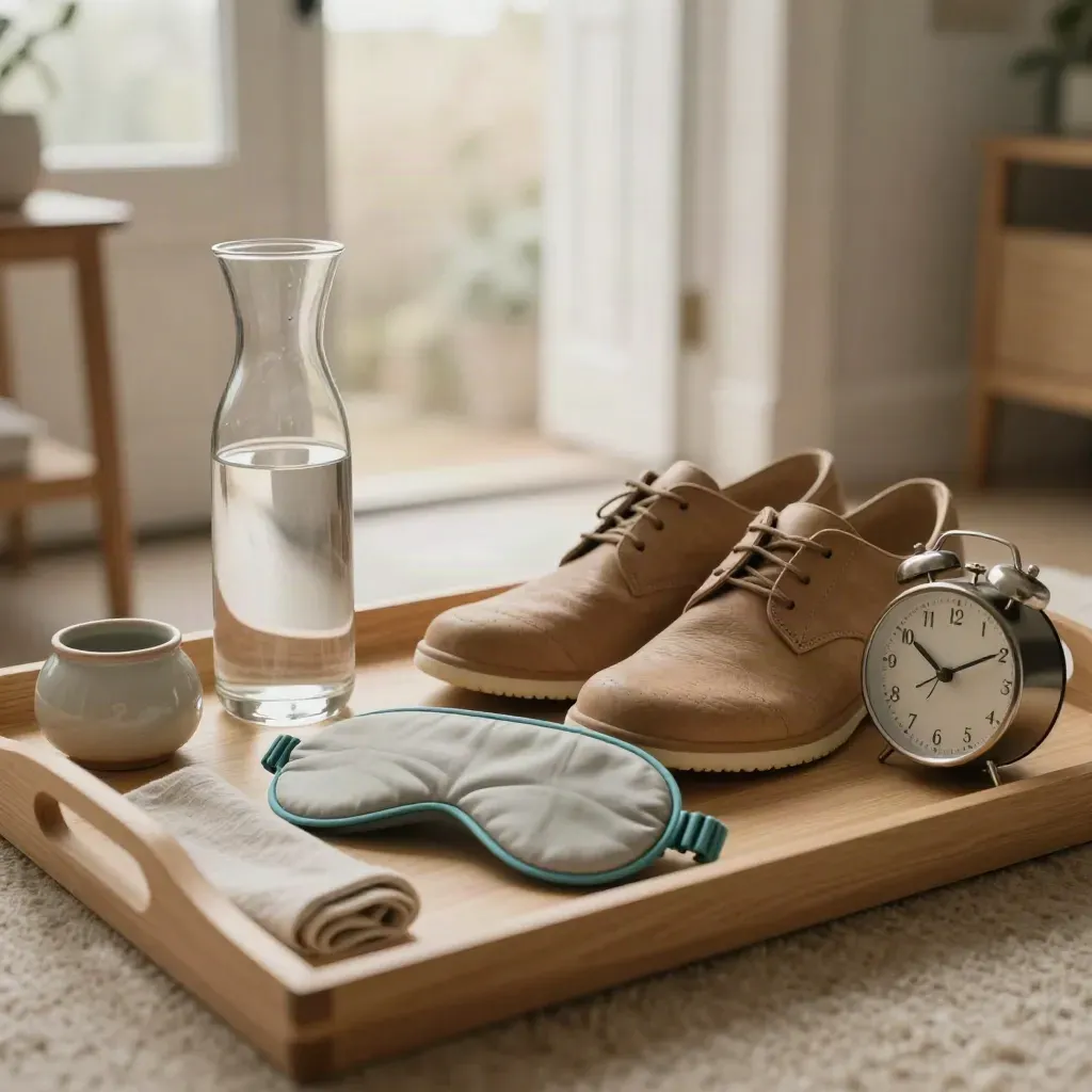Morning wellness tray with shoes, water carafe, sleep mask, and clock by the door