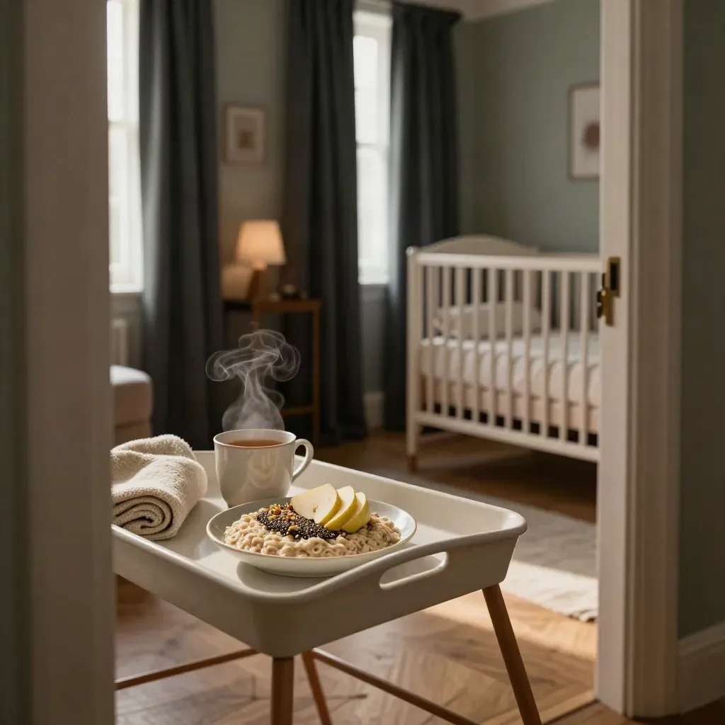Nursery doorway with overnight oats, herbal tea, blanket, lamp, blackout curtains, and a made cot.