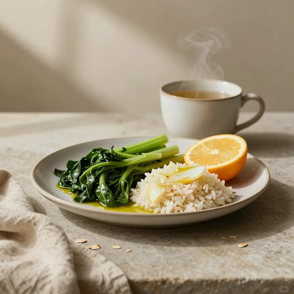 Steamed greens, rice, fennel tea, and citrus on a stone table with gentle steam