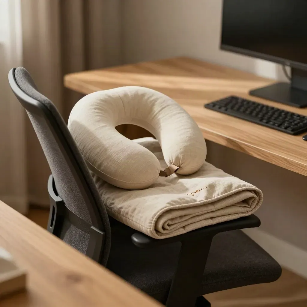 Charcoal chair, neck pillow, heat wrap and dark monitor in a calm desk reset.
