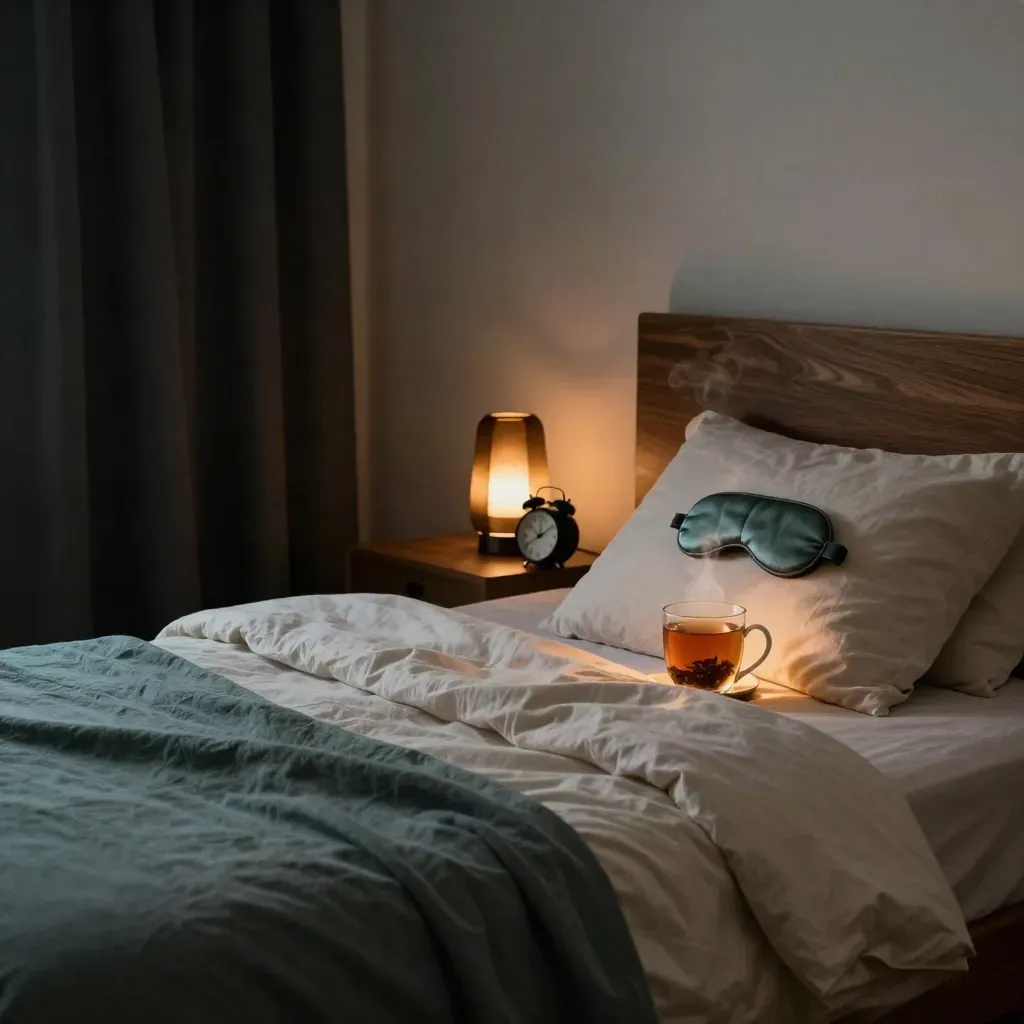 Dark bedroom corner with blackout curtains, amber lamp, herbal tea, eye mask and clock for sleep support.