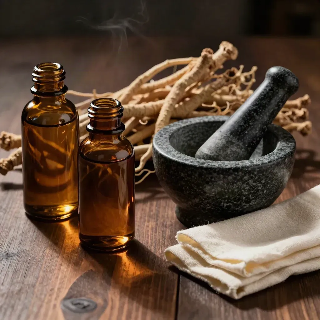 Amber tincture bottles, dried roots, mortar and pestle on dark wood under dramatic herbal light
