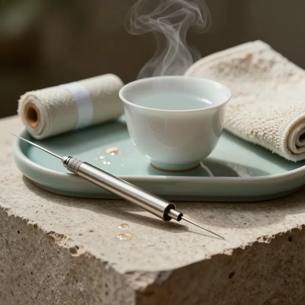 Acupuncture tools on pale stone: stainless tube, porcelain cup, moxa roll, folded towel.