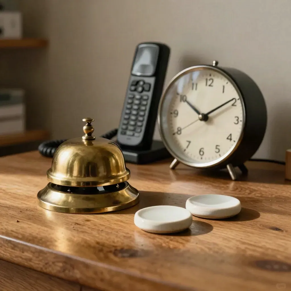 Brass bell, phone cradle, desk clock, and ceramic tokens on warm oak