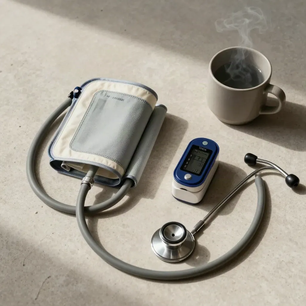 Overhead flatlay of cuff, oximeter, stethoscope and ceramic cup on pale stone.