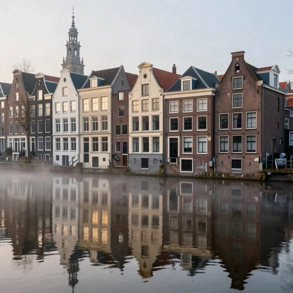 Amsterdam canal rooftops and a church tower reflected in misty water after morning drizzle.