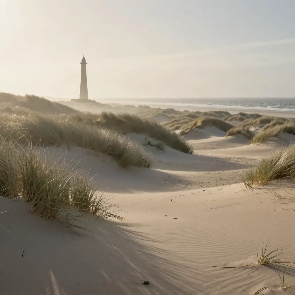 North Holland dunes with pale sand, sea mist, coastal grass and a distant tower.