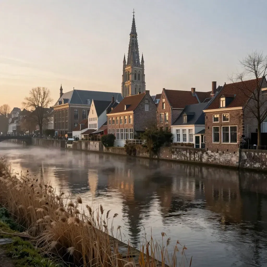 Dom Tower above Utrecht canal roofs at golden hour, calm water and embankment beneath