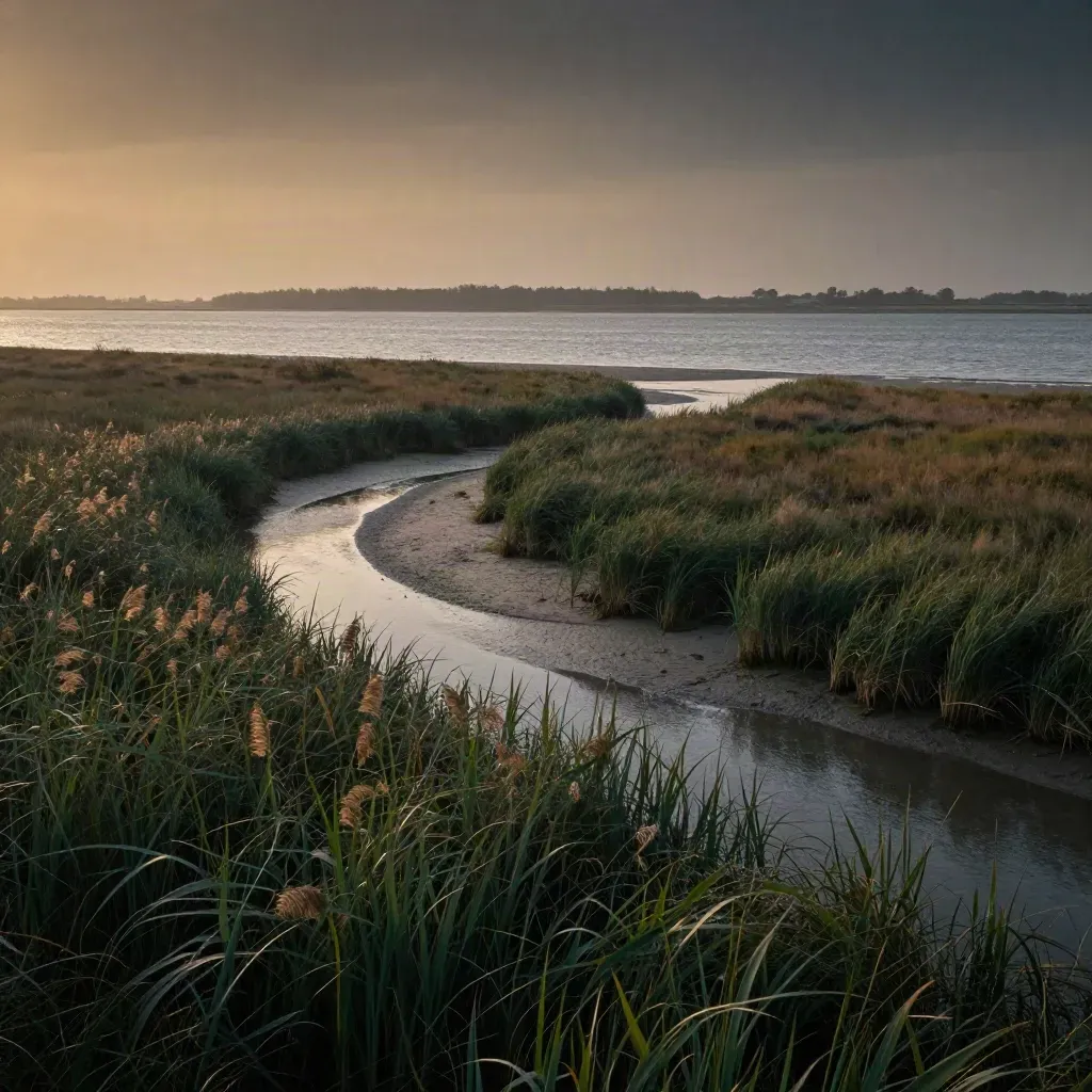 Silver estuary marsh with reed edges and a hazy South Holland skyline at sunset