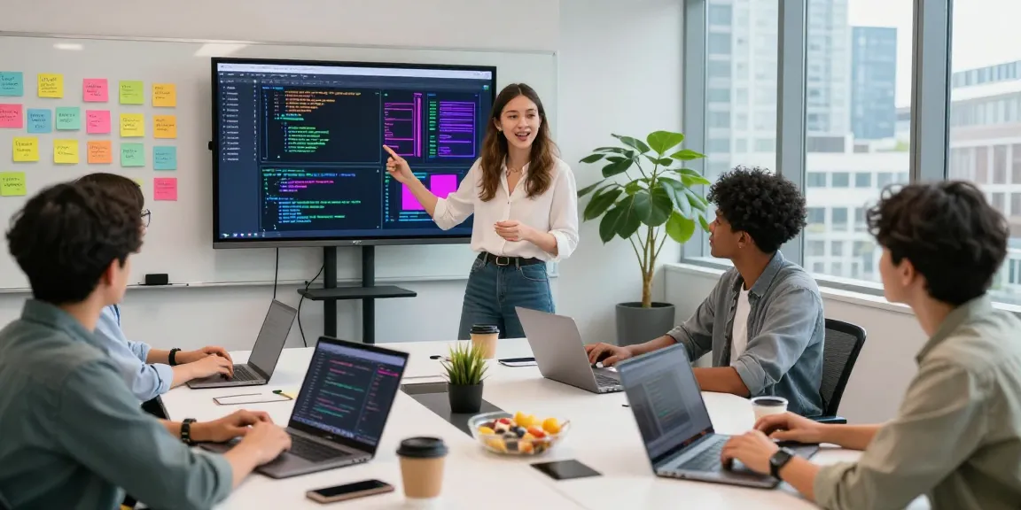 Download WPS Office featuring a collaborative team discussing software development with vibrant visuals in a modern workspace.