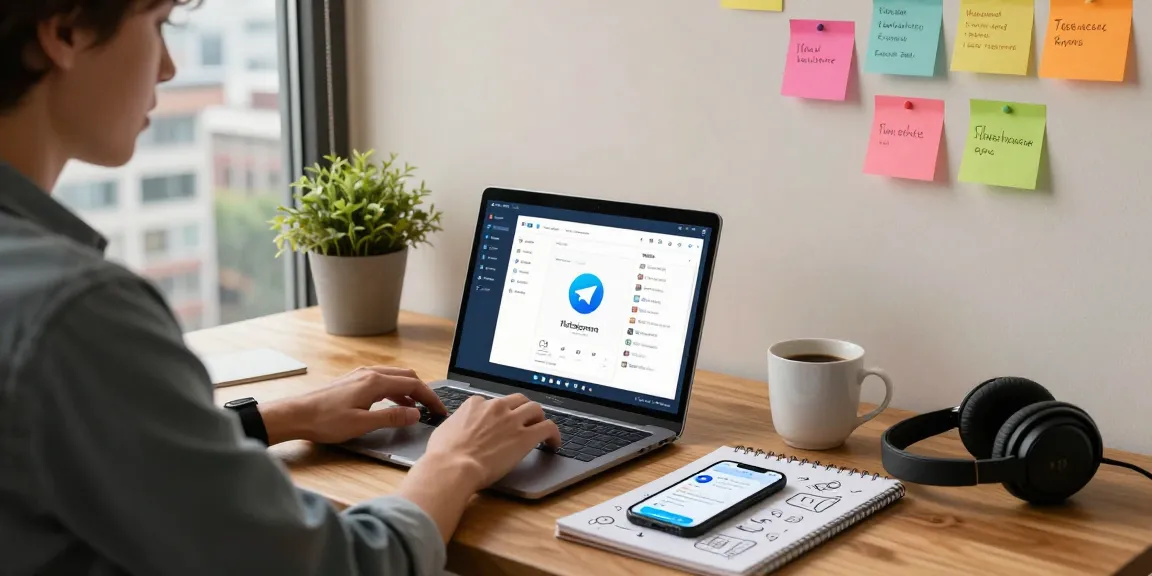 Engaged user showcasing Telegram Download on a laptop in a modern workspace.