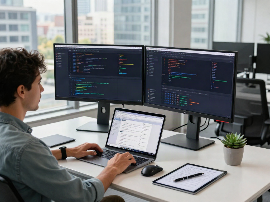 Developer using crush ai tools in a modern office setting with dual monitors and project designs.