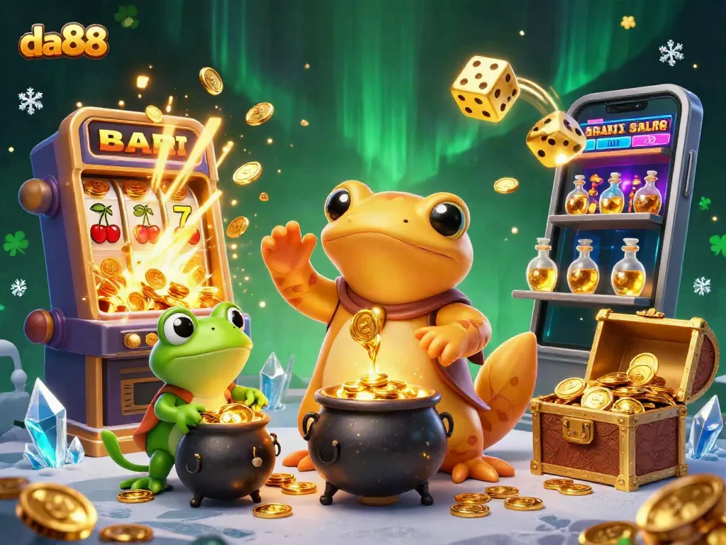 Experience thrilling gameplay at da88 with a vibrant illustration of a casino scene featuring exciting slot machines and golden treasures.