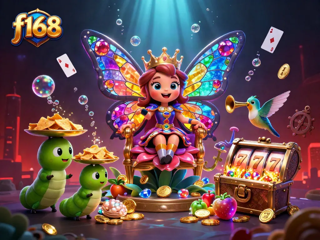 Experience vibrant f168 gaming with a queen and slot elements in a rich 3D scene.