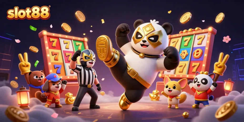 Experience thrilling slots action with slot88 as a panda wrestler flies through the air, surrounded by vibrant game elements.