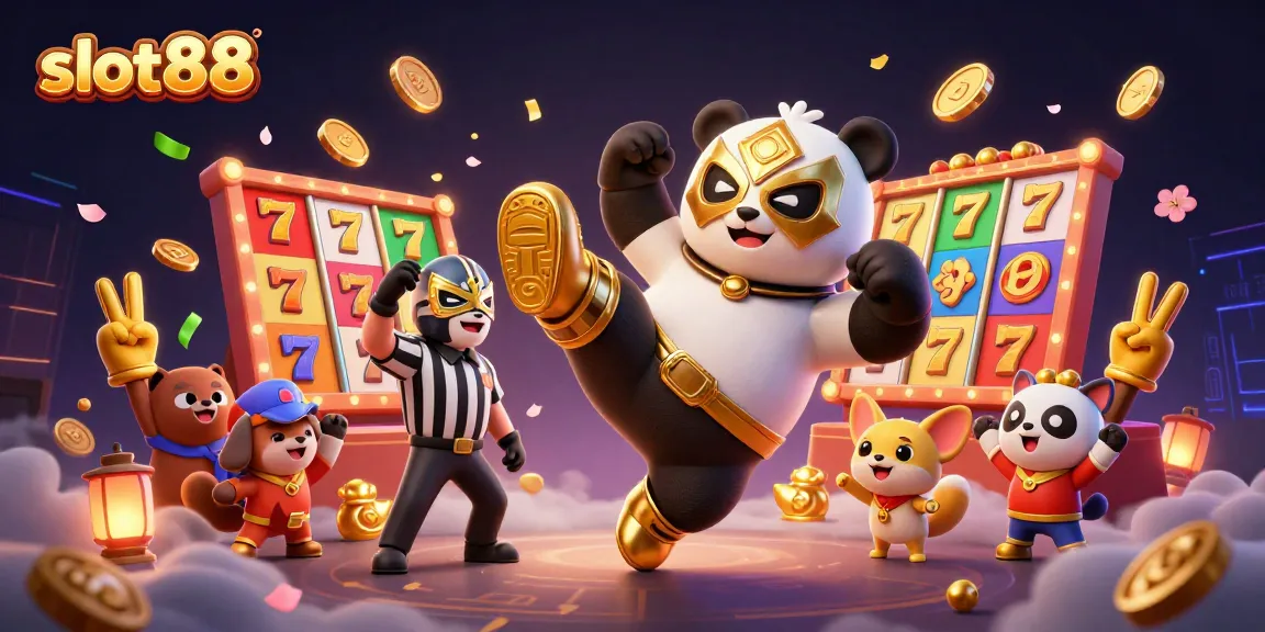 Experience thrilling slots action with slot88 as a panda wrestler flies through the air, surrounded by vibrant game elements.