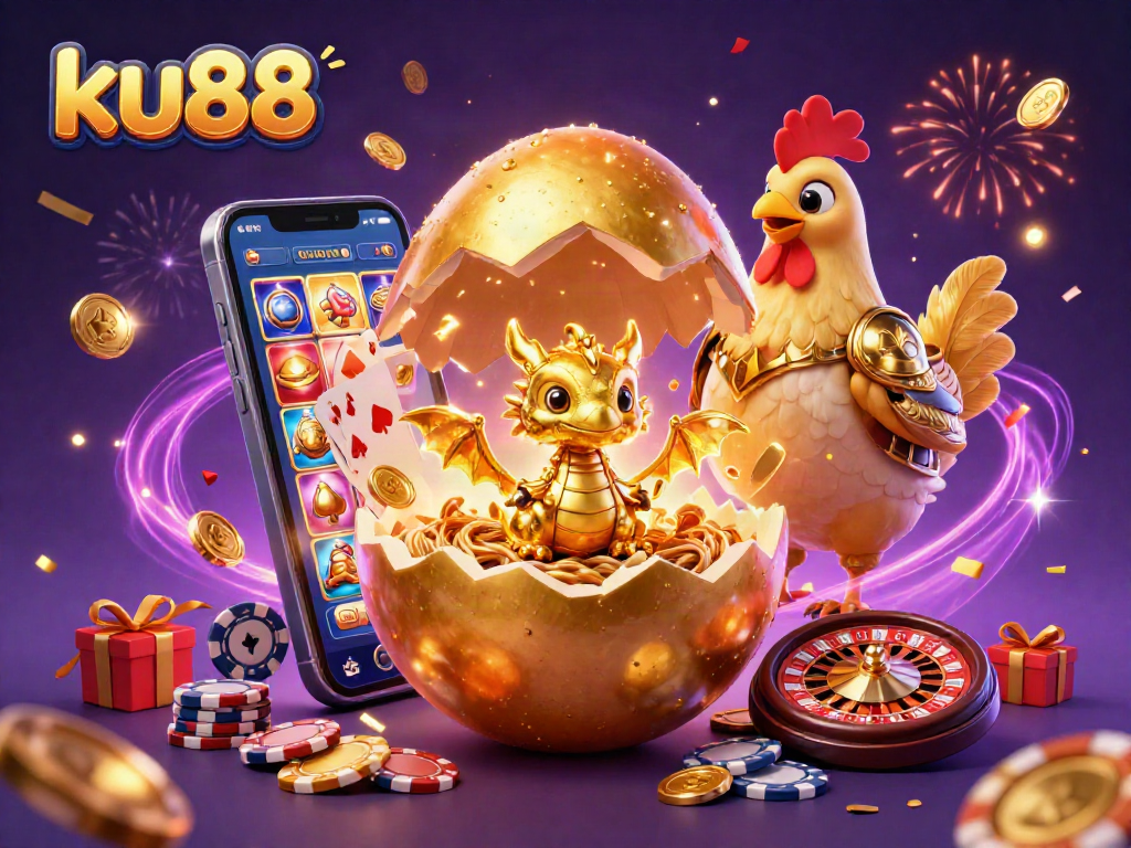 ku88 celebrates wins with a golden dragon and poker chips in a vibrant casino illustration
