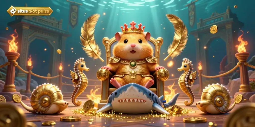 Engage with the vibrant universe of situs slot pulsa featuring a hamster king and seahorse guards surrounded by glimmering coins.