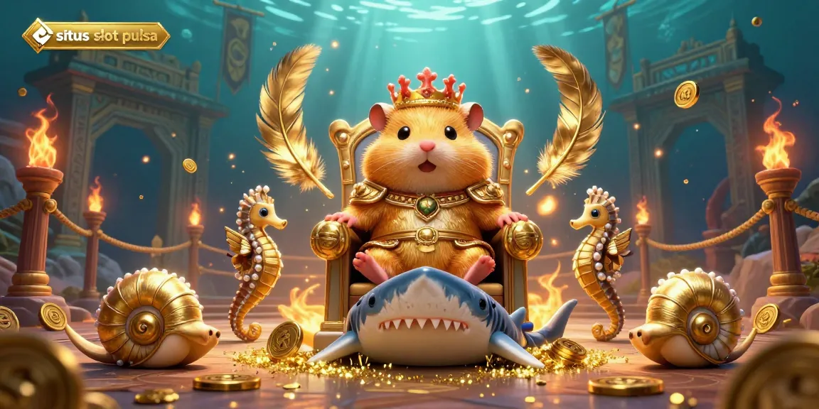 Engage with the vibrant universe of situs slot pulsa featuring a hamster king and seahorse guards surrounded by glimmering coins.