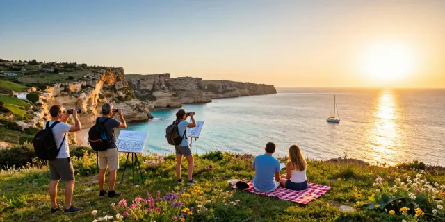 Travelers enjoying Gozo tours along stunning coastline at sunset, capturing scenic beauty.