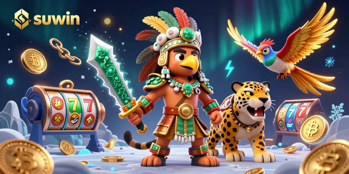 Experience the thrill of suwin as Aztec warriors revel in spinning slots amidst shimmering crypto coins.